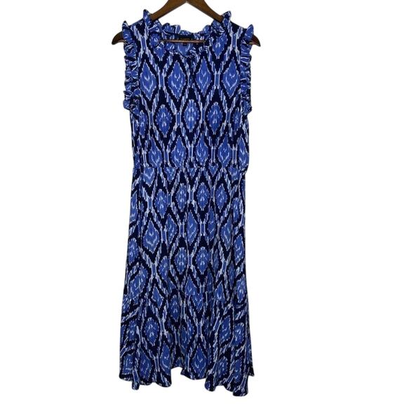 Talbots Women's Ikat Print Sleeveless Dress 10 Blue Ruffle Neck Boho Midi - Picture 1 of 7